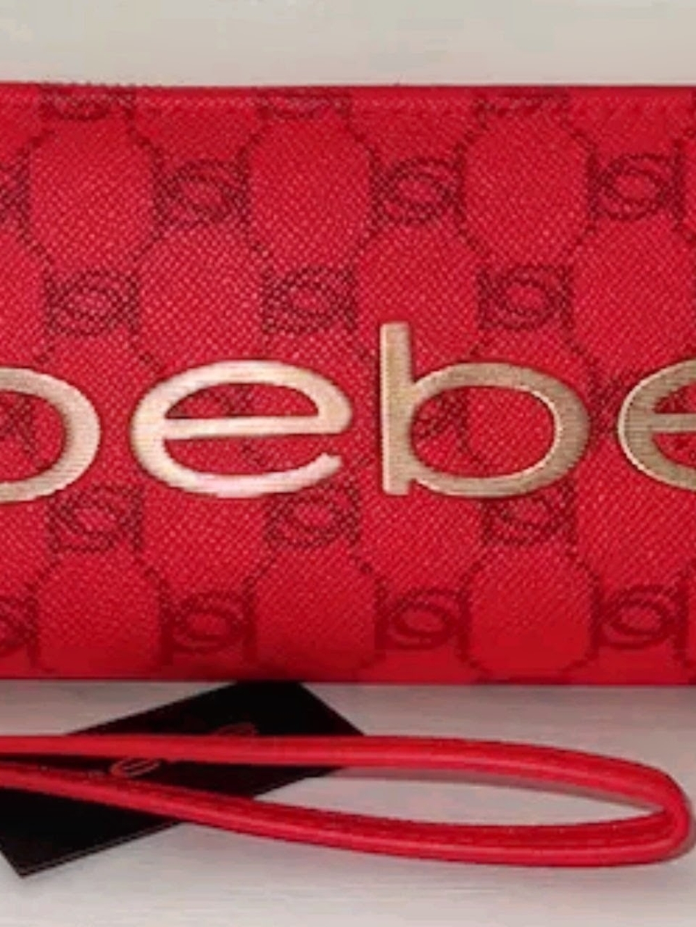 bebe Red Logo Wristlet Clutch with Gold Accents